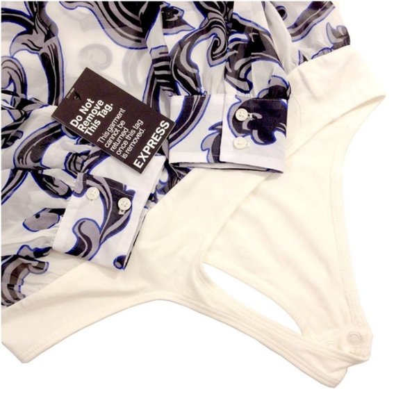 EXPRESS Tie Neck Sheer Blouse Bodysuit Deep V Neck - Picture 7 of 7